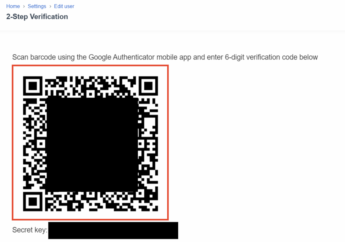 A QR code shown in Bókun to setup the 2-step verification