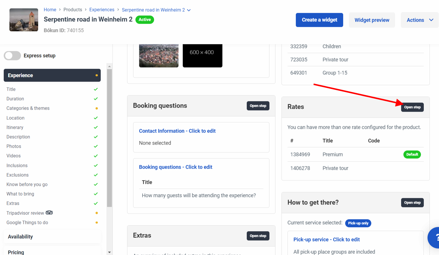 Experiences overview in Bókun showing the rates step