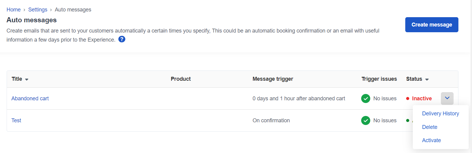 Screenshot of the auto message overview showing the abandoned cart activation button