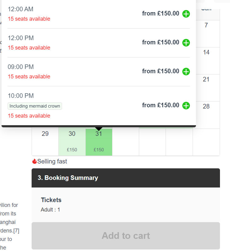 Bókun booking widget with 15 seats availability and a selling fast flame icon